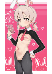 1girl :/ absurdres ahoge alternate_costume alternate_hair_length alternate_hairstyle animal_ears araimelon bandaid bandaids_on_nipples bow breasts brown_eyes cellphone commentary cowboy_shot english_commentary hair_bow hand_on_own_hip heart highres hiphighs holding holding_phone loli long_sleeves low_twintails meme_attire navel necktie onii-chan_wa_oshimai! outline oyama_mahiro oyama_mihari pasties phone pink_background pink_hair rabbit_ears red_bow red_necktie revealing_clothes reverse_bunnysuit reverse_outfit shrug_(clothing) simple_background small_breasts smartphone solo stomach twintails white_outline
