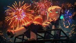 1girl absurdres aerial_fireworks anklet aqua_eyes braid candy_snail_(porforever) commentary digitan_(porforever) electric_plug electric_plug_tail english_commentary eyes_visible_through_hair fireworks floral_print floral_print_kimono grin hair_between_eyes highres japanese_clothes jewelry kimono light_blush lightning_bolt_symbol long_hair looking_at_viewer night obi original outdoors porforever print_kimono robot_ears sandals sash smile solo star-shaped_pupils star_(symbol) symbol-shaped_pupils tail toes twin_braids white_hair