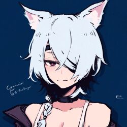 1girl absurdres animal_ear_fluff animal_ears black_jacket blue_background braid breasts brown_eyes cat_ears cleavage commentary commission commissioner_name dated english_commentary eyepatch hair_over_one_eye highres jacket off_shoulder original portrait rnna shirt short_hair side_braid signature simple_background sleeveless sleeveless_shirt solo white_hair