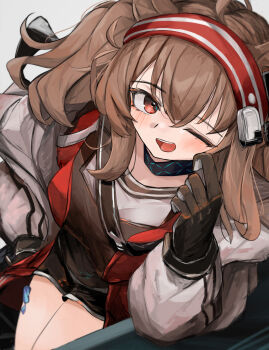 Rule 34 | 1girl, angelina (arknights), animal ears, arknights, breasts, brown hair, gloves, hairband, highres, jacket, kari90909, looking at viewer, medium breasts, one eye closed, open mouth, red eyes, smile, solo, twintails