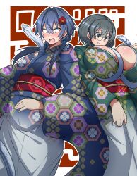 2girls absurdres animal animal_between_breasts animal_in_clothes blue_hair blue_kimono blush breasts chinese_zodiac cleavage commentary_request constricted_pupils cowboy_shot floral_print floral_print_kimono floral_print_sash flower gradient_clothes gradient_kimono green_eyes green_kimono grey_hair hair_flower hair_ornament hairclip hand_up hexagon_print_kimono hexagon_print_sash highres huge_breasts japanese_clothes kanon_shinomiya_(risakiriki) kimono long_hair medium_breasts medium_hair multiple_girls nervous_smile omurice_(green_solenoid) open_mouth outline print_kimono red_flower red_sash risakiriki sash smile snake snake_wrapped_around_body standing surprised sweat textless_version two-tone_kimono white_background white_kimono white_outline white_snake year_of_the_snake yukata yuri_ametsuki_(risakiriki)
