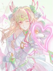 Rule 34 | 1girl, bare shoulders, blonde hair, blunt bangs, bracelet, bubble skirt, chali91703089, choker, cure zukyuun, dress, earrings, elbow gloves, finger gun, fortissimo, gingham, gingham dress, gloves, gradient hair, green hair, hair extensions, hair ornament, hair wings, heart, heart-shaped lock, heart-shaped pupils, highres, jewelry, kimi to idol precure, long hair, mature female, multicolored hair, multiple earrings, musical note, musical note hair ornament, one eye closed, pearl earrings, precure, puffy sleeves, purirun (civilian) (precure), purirun (precure), reaching, reaching towards viewer, ribbon choker, short dress, single bare shoulder, single sleeve cuff, skirt, solo, solo focus, symbol-shaped pupils, upper body, white dress, white gloves, wind, wing hair ornament, wrist cuffs