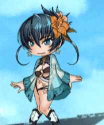 1girl alternate_costume alternate_hairstyle animated animated_gif aqua_background ass_shake bikini blue_hair bouncing_breasts breasts chibi curvy dancing drink drinking earrings flower flower_on_head full_body holding holding_drink igawa_asagi jewelry large_breasts lilith-soft multi-strapped_bikini_bottom navel official_alternate_costume official_alternate_hairstyle open_clothes shiny_skin smile swimsuit taimanin_(series) taimanin_asagi taimanin_rpgx thong thong_bikini wide_hips
