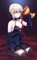 1girl artoria_pendragon_(fate) black_bow black_dress black_footwear black_gloves black_thighhighs blonde_hair bow braid breasts chalice cup dress elbow_gloves fate/grand_order fate_(series) french_braid gloves hair_bow hair_bun high_heels highres holy_grail_(fate) pouring saber_alter saber_alter_(final_ascension) short_dress sii_artatm single_hair_bun sitting sleeveless sleeveless_dress small_breasts solo thighhighs wariza yellow_eyes