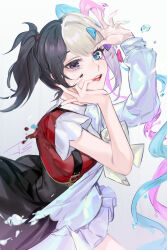 Rule 34 | 1girl, ame-chan (needy girl overdose), artist name, black hair, black skirt, blonde hair, blue eyes, blue hair, blue serafuku, blue shirt, blue skirt, bow, chouzetsusaikawa tenshi-chan, commentary request, dual persona, empty eyes, gradient background, grey background, hair bow, highres, jpdjs, long sleeves, looking at viewer, multicolored hair, needy girl overdose, open mouth, pink hair, polish text, red shirt, school uniform, serafuku, shirt, short sleeves, signature, skirt, smile, split theme, tears, twintails, white background