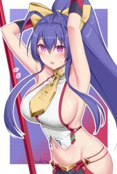 1girl antenna_hair armpits arms_up backless_outfit bare_shoulders black_pants blazblue blue_hair blush bow breasts collarbone commentary_request cowboy_shot crop_top flying_sweatdrops gloves groin hair_between_eyes hair_bow highres hip_vent large_breasts long_hair looking_at_viewer lowleg lowleg_pants mai_natsume midriff navel open_mouth outseal pants polearm ponytail purple_eyes revealing_clothes shirt sideboob sidelocks signature sleeveless sleeveless_shirt solo soukitsu spear standing sweat very_long_hair weapon white_shirt yellow_bow