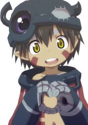 1boy brown_hair collar dark-skinned_male dark_skin facial_mark fake_horns hashtag-only_commentary helmet horned_helmet horns looking_at_viewer made_in_abyss male_focus mechanical_arms metal_collar navel open_mouth pointy_ears reg_(made_in_abyss) simple_background smile solo tattoo teeth white_background ximu_shilang yellow_eyes