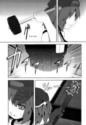 1girl absurdres baseball_cap comic greyscale hair_bobbles hair_ornament hammer hat highres kawashiro_nitori medium_hair monochrome ryuu_(multitask) tank_top touhou translation_request twintails two_side_up