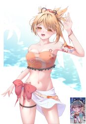 1girl :d absurdres arm_tattoo bare_arms bare_shoulders blonde_hair bow breasts chest_tattoo cleavage collarbone commentary cowboy_shot genshin_impact highres looking_at_viewer medium_breasts midriff navel open_mouth red_bow sarong short_hair smile solo standing stomach strapless syxh tattoo thigh_strap thighs tube_top yellow_eyes yoimiya_(genshin_impact)