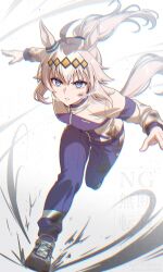1girl absurdres ahoge animal_ears aoi_(07aoi15) blue_eyes bow commentary dirty dirty_clothes ear_ribbon grey_hair hair_ornament highres horse_ears horse_girl horse_tail jacket kasamatsu_tracen_training_uniform multicolored_hair multicolored_jacket oguri_cap_(umamusume) pants parted_lips ponytail running solo streaked_hair tail track_jacket track_pants track_suit twitter_username two-tone_jacket umamusume umamusume:_cinderella_gray watermark white_background
