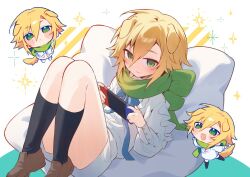 1boy animal_ears black_thighhighs blonde_hair blue_bow blush bow brown_footwear covering_privates dog_boy dog_ears dog_tail green_eyes green_scarf hair_between_eyes jacket looking_at_viewer lying male_focus nijisanji nintendo_switch nyaru_(ill_naru) on_back scarf short_hair tail thighhighs thighs trap uzuki_kou virtual_youtuber white_jacket