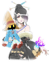 1boy 1girl black_nails braid carrying carrying_person dede_(qwea_00000) dress final_fantasy final_fantasy_ix final_fantasy_x fur-trimmed_dress fur_trim hair_ornament hair_over_one_eye hair_stick hat highres in-franchise_crossover jewelry korean_commentary lipstick lulu_(ff10) makeup multiple_braids multiple_necklaces necklace power_connection purple_lips simple_background trait_connection vivi_ornitier
