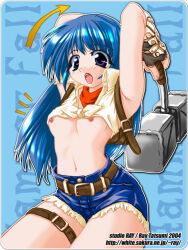 1girl 2000s_(style) 2004 backpack bag bandana belt blacksmith_(ragnarok_online) blue_background blue_hair blue_shorts blush breasts brown_bag brown_belt commentary_request cowboy_shot crop_top fingerless_gloves gauntlets gloves long_hair looking_at_viewer medium_breasts navel nipple_slip nipples no_bra open_mouth purple_eyes ragnarok_online red_bandana shirt short_shorts shorts sleeveless sleeveless_shirt solo tatsumi_ray thigh_belt thigh_strap tied_shirt watermark web_address white_shirt