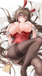 Rule 34 | 1girl, absurdres, ahoge, animal ears, blue eyes, breasts, brown hair, brown pantyhose, choyeon, commentary request, commission, covered navel, covering breasts, covering privates, fake animal ears, hair spread out, highleg, highleg leotard, highres, huge breasts, knee up, korean commentary, leotard, long hair, looking at viewer, lying, no shoes, omamori, on back, original, pantyhose, parted lips, playboy bunny, rabbit ears, red leotard, solo, strapless, strapless leotard, takamiya keika, thighband pantyhose, thighs, very long hair, wide sleeves, wrist cuffs