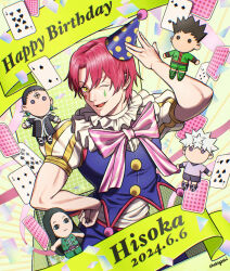 1boy artist_name card character_doll character_name chrollo_lucilfer doll facial_mark gon_freecss happy_birthday highres hisoka_morow hunter_x_hunter illumi_zoldyck killua_zoldyck looking_at_viewer male_focus open_mouth playing_card red_hair shakikashi short_sleeves solo star_(symbol) star_facial_mark teardrop_facial_mark yellow_eyes