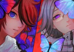Rule 34 | 2boys, absurdres, aotsuki eito, blue butterfly, blue eyes, bug, butterfly, glasses, grey hair, hair over one eye, highres, insect, jacket, kawati, looking at viewer, male focus, multicolored hair, multiple boys, one eye covered, portrait, purple background, purple butterfly, purple eyes, red background, red hair, short hair, split, streaked hair, sumino takumi, the hundred line -last defense academy-, white jacket