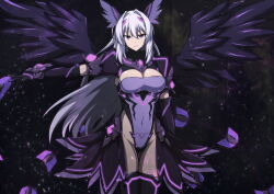 Rule 34 | 1girl, absurdres, aoi tabane, black background, black gloves, black wings, breasts, cleavage, closed mouth, clothing cutout, corruption, covered navel, cowboy shot, dark exs-tia, dark persona, elbow gloves, feathered wings, gloves, gluteal fold, groin, hair intakes, head wings, highleg, highleg leotard, highres, katsuragi marina, kouyoku senki exs-tia, large breasts, leotard, long hair, looking at viewer, outstretched arm, overskirt, pubic tattoo, purple eyes, purple leotard, showgirl skirt, skirt, solo, standing, tattoo, thigh gap, thighhighs, very long hair, weapon, white hair, wings