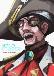 1boy :d absurdres ago_(owenanaken) ascot bicorne black_eyes black_hair black_hat brooch commentary cosplay english_commentary eyepatch facial_hair goatee hat highres hololive houshou_marine houshou_marine_(1st_costume) houshou_marine_(cosplay) jacket jewelry looking_at_viewer majima_goro male_focus open_mouth pirate_hat portrait red_ascot red_jacket ryuu_ga_gotoku_(series) ryuu_ga_gotoku_8_gaiden smile solo teeth virtual_youtuber