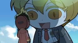 Rule 34 | 1girl, 1other, black coat, black gloves, black pants, blonde hair, cape, chibi, clock, coat, dante (limbus company), did you want to talk? (meme), don quixote (project moon), fire, giant, giantess, gloves, lapels, limbus company, long sleeves, meme, necktie, notched lapels, object head, open mouth, pants, project moon, red cape, red necktie, shirt, short hair, smile, tomodachi life, tomodachi life: living the dream, uuu (gyojamandu), white shirt