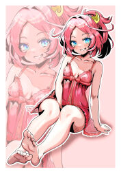 1girl barefoot blue_eyes blush chappu_(chapillust) ebisu_(monster_strike) feet grin highres long_hair looking_at_viewer monster_strike nightgown nipples pink_hair ponytail see-through_clothes smile soles toes