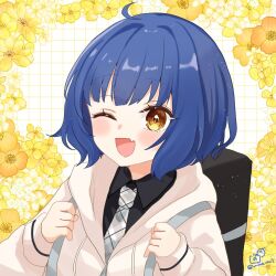 1girl ;d ahoge bag black_shirt blue_hair brown_eyes collared_shirt commentary_request fang flower gochuumon_wa_usagi_desu_ka? grey_jacket grey_necktie grid_background holding_strap hood hood_down hooded_jacket jacket jouga_maya long_sleeves looking_at_viewer necktie one_eye_closed open_mouth orange_flower plaid_clothes plaid_necktie puffy_long_sleeves puffy_sleeves rino_cnc school_bag school_uniform shirt smile solo twitter_username upper_body white_background white_flower yellow_flower
