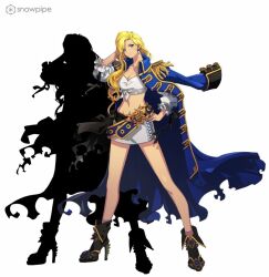 1girl ankle_boots artist_request bare_legs battle_axe_ornament belt black_boots black_ribbon black_wrist_cuffs blonde_eyebrows blonde_hair blue_belt blue_coat blue_collar boots breasts buttoned_cuffs buttons coat coat_on_shoulders collar collarbone collared_coat company_name crop_top cross-laced_clothes cross-laced_skirt earrings english_text epaulettes frilled_sleeves frills glycine_bleumer gold_buttons hair_over_breasts hair_over_one_breast high_heel_boots high_heels jewelry knot logo long_hair looking_at_viewer medium_breasts midriff miniskirt navel neck official_art pirate_costume ribbon sakura_taisen sakura_taisen_iii sega silhouette simple_background skirt smile solo third-party_source three-quarter_sleeves torn_clothes torn_coat watermark white_background white_skirt white_sleeves wrist_cuffs