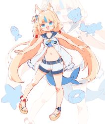 ahoge animal_ear_fluff animal_ears blonde_hair blue_eyes blue_hair fins fish_tail hair_ornament highres indie_virtual_youtuber ma_draws multicolored_hair navel sameko_saba sandals shorts stomach streaked_hair tail virtual_youtuber