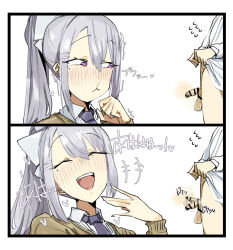 1boy 1girl 2koma ^^^ bar_censor bottomless bow brown_sweater censored clothes_lift comic grey_hair hair_ornament higuchi_kaede humiliation laughing leebo_(leeboxxx) mole mole_under_eye necktie nijisanji penis ponytail purple_eyes purple_necktie shirt shirt_lift small_penis small_penis_humiliation small_testicles sweatdrop sweater teeth testicles twitching_penis upper_teeth_only virtual_youtuber white_background white_bow white_shirt