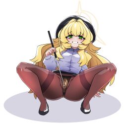 1girl black_hat black_shoes blonde_hair blue_archive blush breasts brown_panties brown_pantyhose clitoral_stimulation eyebrows_hidden_by_hair full_body green_eyes hair_between_eyes hat highres holding holding_riding_crop lazy_ant loli long_hair looking_at_viewer m_legs medium_breasts office_lady open_mouth panties panties_under_pantyhose pantyhose partially_visible_vulva professor_niyaniya_(blue_archive) riding_crop shadow shirt shoes simple_background smile solo squatting underwear very_long_hair white_background white_shirt