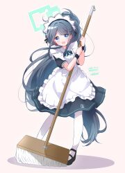 1girl :d absurdly_long_hair absurdres apron aqua_halo aqua_ribbon aris_(blue_archive) aris_(maid)_(blue_archive) black_dress black_shoes black_wrist_cuffs blue_archive blue_eyes blush brown_background character_name chinese_commentary collared_dress commentary_request contrast_collar dated dress floating_hair frilled_apron frills full_body grey_hair halo high_ponytail highres holding holding_mop long_hair looking_at_viewer maid maid_apron maid_headdress mary_janes mop neck_ribbon number_print official_alternate_costume official_alternate_hairstyle open_mouth pantyhose parted_bangs ponytail puffy_short_sleeves puffy_sleeves rectangular_halo ribbon shadow shoes short_sleeves sidelocks simple_background smile solo southernsandbox standing very_long_hair white_apron white_headdress white_pantyhose wrist_cuffs