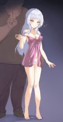Rule 34 | 1boy, 1girl, absurdres, bare shoulders, barefoot, breasts, censored, cleavage, collarbone, female pubic hair, grey hair, heart, heart censor, highres, hololive, lingerie, long hair, mahou io, medium breasts, murasaki shion, nightgown, pubic hair, pubic tattoo, simple background, smile, strap slip, tattoo, underwear, v, virtual youtuber, yellow eyes