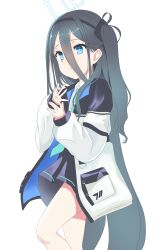 Rule 34 | 1girl, absurdly long hair, absurdres, aqua halo, aqua necktie, aris (blue archive), black hairband, black jacket, black skirt, blue archive, blue eyes, blue jacket, bright pupils, collared shirt, commentary, feet out of frame, fingernails, furrowed brow, grey hair, hair between eyes, hairband, halo, hands up, highres, jacket, knee up, long bangs, long hair, long hair between eyes, long sleeves, looking ahead, miniskirt, multicolored jacket, necktie, one side up, open clothes, open jacket, parted lips, pleated skirt, pocket, puffy long sleeves, puffy sleeves, rectangular halo, ringed eyes, school uniform, shirt, simple background, skirt, solo, standing, tkdwls0278, two-sided fabric, two-sided jacket, very long hair, white background, white jacket, white pupils, white shirt