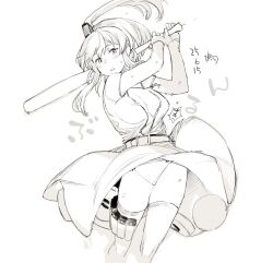 Rule 34 | 1girl, baseball bat, batting stance, breast pocket, breasts, commentary request, greyscale, high side ponytail, highres, holding, holding baseball bat, kantai collection, kitamura hato, large breasts, lineart, long hair, magazine (weapon), monochrome, panties, pocket, ponytail, popped button, saratoga (kancolle), smokestack hair ornament, solo, swinging baseball bat, thighhighs, underwear
