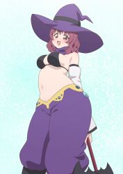 1girl bikini black_bikini blush breasts cosplay hat large_breasts looking_at_viewer navel okaasan_(okaasandx) open_mouth purple_eyes purple_hair rivalun_(cosplay) smile solo sugiura_ayano&#039;s_mother swimsuit witch_hat yuruyuri