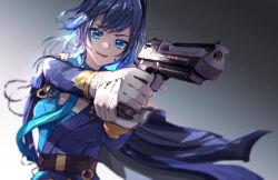 1girl advarcher black_hair blue_coat blue_eyes blue_hair blue_jacket blue_necktie blue_shirt coat coat_on_shoulders fangs gloves gradient_hair gun handgun highres holding holding_gun holding_weapon hololive hololive_english jacket long_hair multicolored_hair necktie official_alternate_costume official_alternate_hairstyle open_mouth ouro_kronii ouro_kronii_(4th_costume) shirt solo virtual_youtuber weapon white_gloves wolf_cut