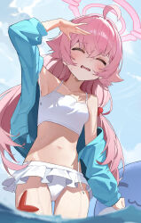 1girl :3 ahoge armpits bare_shoulders bikini blue_archive blue_jacket blue_sky blush closed_eyes crossed_bangs fang frilled_bikini frills hair_between_eyes halo hoshino_(blue_archive) hoshino_(swimsuit)_(blue_archive) hot inflatable_toy inflatable_whale jacket loli long_hair long_sleeves muso navel off_shoulder open_mouth pink_hair pink_halo skin_fang sky solo standing stomach sunlight swimsuit thighs twintails very_long_hair water wet white_bikini
