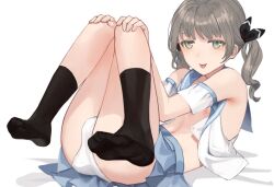 1boy bare_shoulders black_socks blue_skirt blunt_bangs bulge crossdressing crossdressing_(mtf) feet full_body green_eyes grey_hair hair_ribbon hands_on_own_knees knees_up looking_at_viewer lying male_focus navel open_clothes open_shirt original panties panty_bulge pleated_skirt ribbon sailor_collar sailor_shirt shirt short_twintails simple_background skirt socks solo solo_focus sunaba_(nczd5875) thighs tongue tongue_out trap twintails underwear white_panties