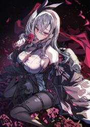 1girl absurdres animal bare_shoulders black_background black_bridal_gauntlets black_cat black_hairband black_pantyhose black_shoes black_shorts blush bow breasts bridal_gauntlets cat commentary_request crossed_bangs detached_sleeves flower furrowed_brow gradient_background grey_hair haidollo hair_between_eyes hair_bow hairband halter_shirt halterneck highres holding holding_flower hololive hololive_dev_is isaki_riona large_breasts light_particles long_hair_between_eyes looking_at_viewer nail_polish necktie on_ground one_side_up pantyhose pink_nails red_eyes red_flower red_rose rose shirt shoes shorts sitting sleeveless sleeveless_shirt smile solo virtual_youtuber wariza white_cat white_shirt