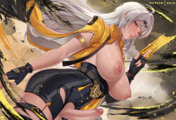 1girl ahoge between_fingers bird black_bird black_gloves black_shorts breasts commentary cowboy_shot cropped_jacket dutch_angle english_commentary erection exlic fingerless_gloves floating_hair futanari gloves grey_hair hair_ornament hairclip high-waist_shorts holding holding_ofuda jacket large_breasts long_hair looking_at_viewer nipples open_clothes open_jacket paid_reward_available patreon_username penis shorts smile solo standing testicles uncensored variant_set very_long_hair yellow_eyes yellow_jacket yin_yang_pin yixuan_(zenless_zone_zero) zenless_zone_zero