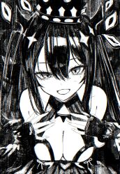 1girl absurdres breasts cleavage crown hands_on_own_chest highres monochrome nue_no_onmyouji open_mouth sketch solo suujiniku twintails upper_body yozora_(nue_no_onmyouji)