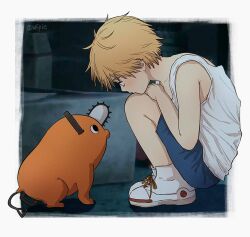 1boy aged_down blonde_hair blue_shorts chainsaw_man commentary_request denji_(chainsaw_man) full_body looking_at_another pet pochita_(chainsaw_man) shoelaces short_hair shorts sitting tank_top wfpie white_footwear white_tank_top