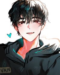 Rule 34 | 1boy, alien stage, bimi10151106, black eyes, black hair, black hoodie, blush, commentary, dot nose, fang, hashtag-only commentary, heart, highres, hood, hood down, hoodie, ivan (alien stage), looking at viewer, male focus, open mouth, red pupils, short hair, solo, tareme, tongue, upper body, white background