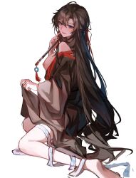 1girl ahoge bare_legs bare_shoulders barefoot black_hair black_hanfu black_robe blush breasts breasts_out brown_hair chinese_clothes clothes_lift deeplake_(shen_hu_zhou) feet flute full_body genderswap genderswap_(mtf) hair_between_eyes hair_down hair_ribbon half_updo hanfu highres holding holding_flute holding_instrument implied_hetero instrument jade_(gemstone) kneeling large_breasts lifting_own_clothes long_hair long_sleeves looking_at_viewer modao_zushi nail_polish nipples off_shoulder official_alternate_hairstyle open_clothes parted_lips partially_undressed purple_eyes red_nails red_ribbon ribbon robe second-party_source simple_background sitting smile soles solo tassel very_long_hair wei_wuxian wei_wuxian_(yiling_laozu) white_background white_ribbon wide_sleeves