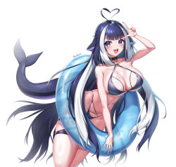 1girl absurdres ahoge belt belt_collar bikini black_belt black_hair blue_nails body_markings breasts cetacean_tail character_name cleavage collar facial_mark fins fish_tail heart heart_ahoge heart_o-ring highres indie_virtual_youtuber large_breasts long_hair midriff multicolored_hair navel o-ring open_mouth orca_girl pellpt purple_eyes shylily smile solo streaked_hair swim_ring swimsuit tail virtual_youtuber white_background white_hair