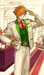 Rule 34 | 1boy, belt, belt buckle, brown belt, buckle, buttons, chaldea logo, character name, closed mouth, collared shirt, colored lapels, commentary, dress pants, dress shirt, fate/grand order, fate (series), feet out of frame, formal clothes, green vest, hair over one eye, hand on own hip, indoors, jacket, lapels, long sleeves, looking to the side, male focus, name tag, necktie, notched lapels, official art, one eye covered, open clothes, open jacket, orange hair, pants, red necktie, red shirt, robin hood (fate), robin hood (festival outfit) (fate), salute, shirt, short hair, smile, solo, spiked hair, standing, striped clothes, striped shirt, suit, suit jacket, third-party source, unbuttoned, vertical-striped clothes, vertical-striped shirt, vest, wada arco, waistcoat, white jacket, white pants, white shirt, white suit, wing collar