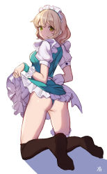 1girl ass bad_id bad_pixiv_id black_socks blonde_hair clothes_lift commentary dress dress_lift english_commentary female_focus frilled_dress frills green_eyes highres kneehighs kneeling lifting_own_clothes looking_at_viewer looking_back maid maid_headdress medium_hair no_shoes original pn_(wnsl216) puffy_short_sleeves puffy_sleeves short_sleeves socks solo white_background
