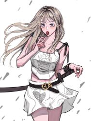 1girl aespa animification belt black_belt blonde_hair blue_eyes blush braid candy collarbone cropped_shirt floating_hair food hair_behind_ear hand_on_hilt highres holding holding_candy holding_food holding_lollipop k-pop lollipop long_hair murenzi real_life shirt side_braids skirt solo white_background white_shirt white_skirt winter_(aespa)