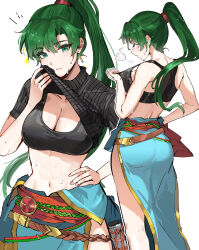 1girl abs black_sports_bra blue_dress breasts dress earrings fire_emblem fire_emblem:_the_blazing_blade green_eyes green_hair high_ponytail highres jewelry large_breasts long_hair looking_at_viewer lyn_(fire_emblem) midriff navel nintendo ormille pelvic_curtain ponytail rope_belt short_sleeves side_slit simple_background solo sports_bra very_long_hair white_background