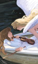 2girls angel angel_wings blonde_hair blue_eyes blush boat bow_(music) brown_hair deerwhisky eye_contact highres holding holding_bow_(music) holding_instrument holding_violin instrument long_hair looking_at_another multiple_girls on_boat original parted_lips violin wings yellow_eyes yuri