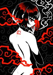 Rule 34 | 1girl, absurdres, artist name, ass, black hair, bob cut, cigarette, commentary, completely nude, from behind, highres, holding, holding cigarette, median furrow, nude, number tattoo, original, profile, red eyes, revachan, smoke, smoking, solo, symbol-only commentary, tagme, tattoo